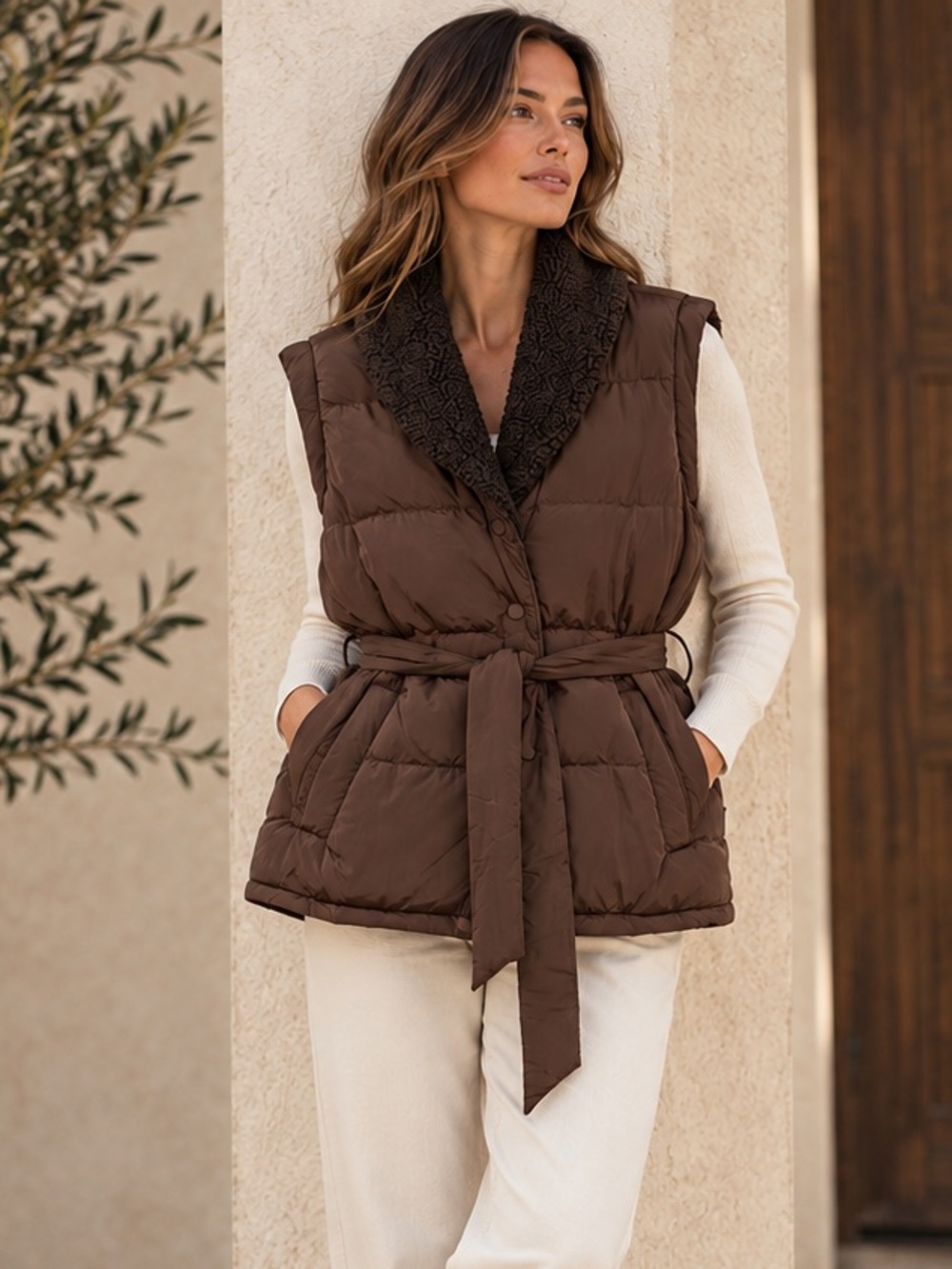 NWT Varley Lanville Reversible Gilet Hooded Puffer Vest Brown XL
